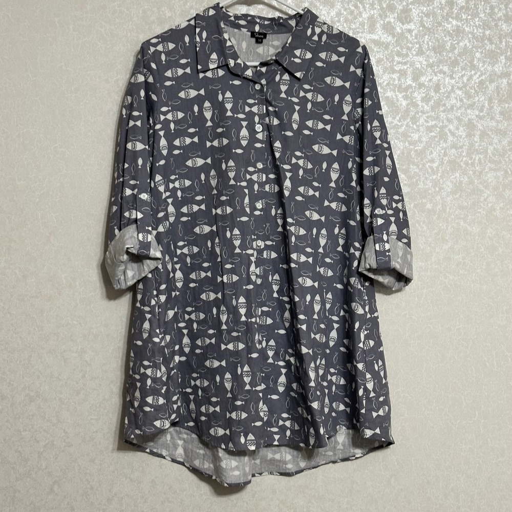 Shana Fish Print Tunic Shirt Cotton Back Zip Roll Tab Sleeve Grey Whimsical Sz M